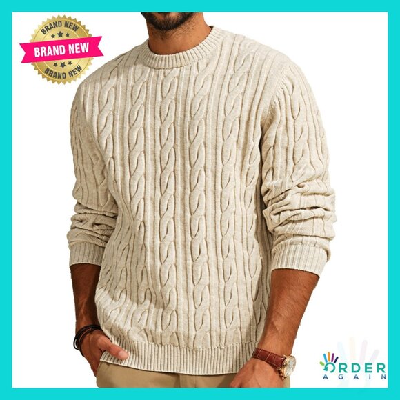 Classic Cable Knit Crewneck Pullover Sweater Recycled Material Minimal Chic